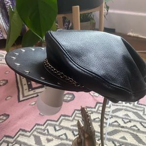 Leather biker hat with chain and stud detail